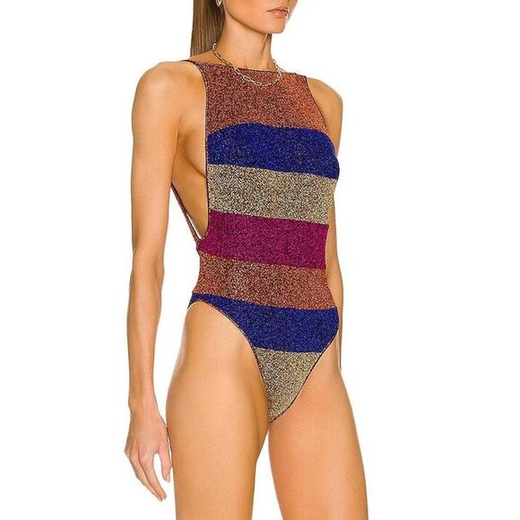 NWT $450 OSEREE One-Piece Lurex Swimsuit, Brown Striped Open Back, Size L - Picture 1 of 6